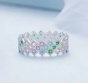 Platinum 925 Sterling Silver Rainbow Zircon Diamond Patterned Ring (Size 6-8)