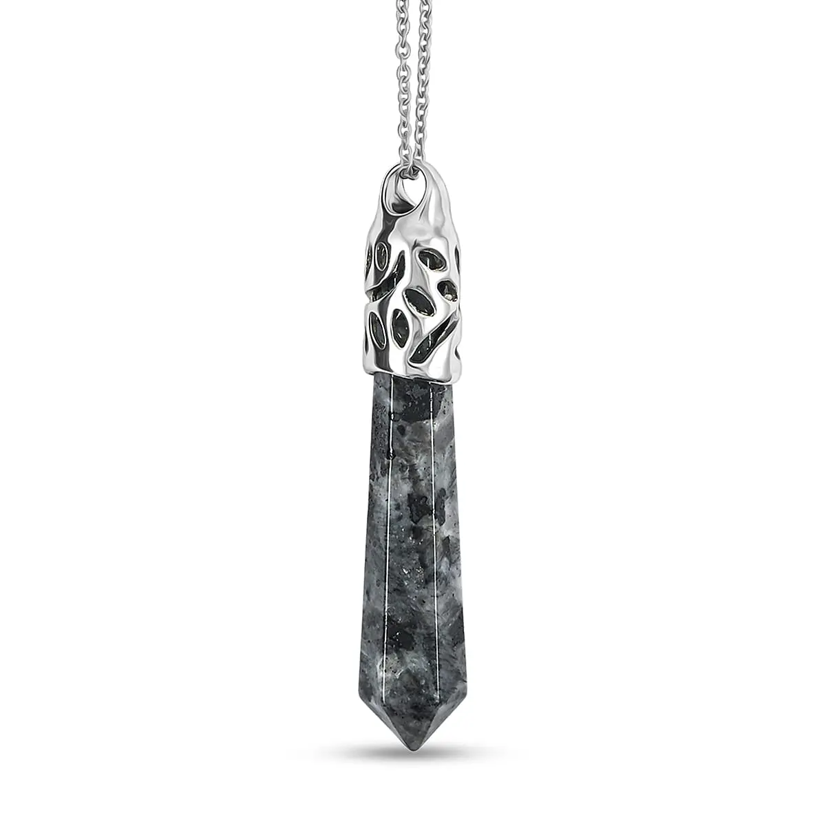 Hexagon Taper Point Black Labradorite 50.00 ctw Pendant in Silvertone with Stainless Steel Necklace 20 Inches