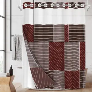1pc hookless shower curtain with buckle lining, reddish-brown striped square patchwork design, 2D flat printing, fabric waterproof lining, see-through double-layer shower curtain, 71 x 74 inches, modern home draping curtain.