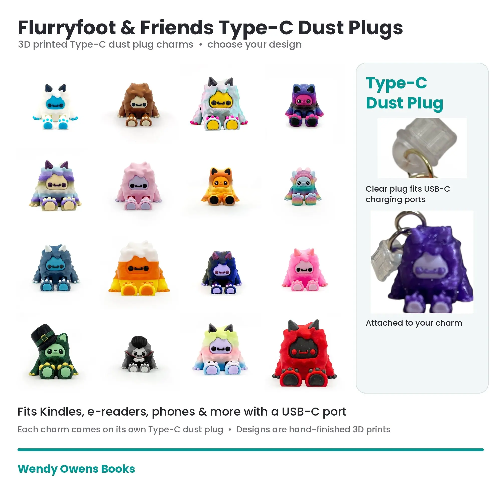 Dust Plugs FLURRYFOOTS for Type C - Cute 3d printed Charms for Kindles, E-Reader, Phones, etc
