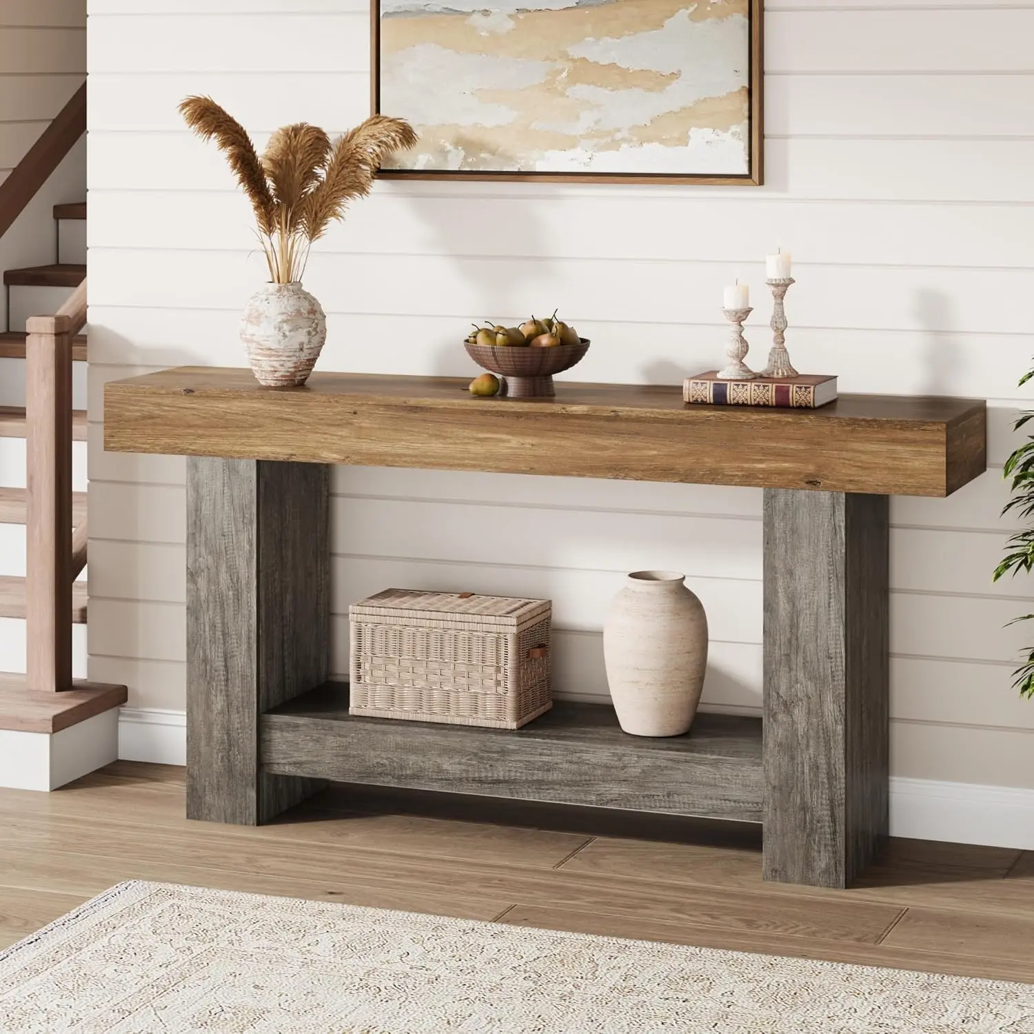 Farmhouse 2-Tier Console Table – Long Wooden Entryway Table with Open Shelf – for Hallway, Living Room, or Behind Sofa