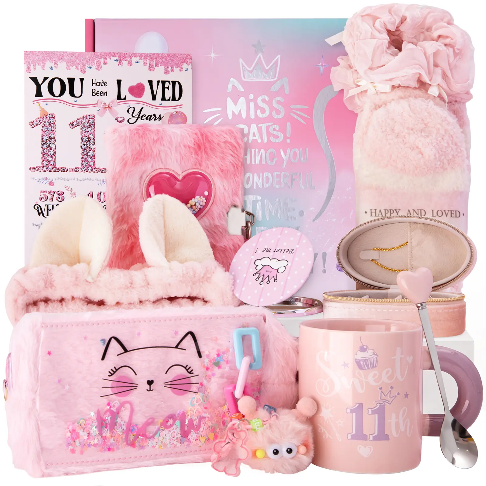 Biching 11th Birthday Gifts for Girls, Unique Sweet Gifts for 11 Year Olds Girls, Miss Cat Happy 11th Birthday Hampers Presents, Gift Ideas for Her Teen Girl Daughter Granddaughter Niece Sister, Elegant Box