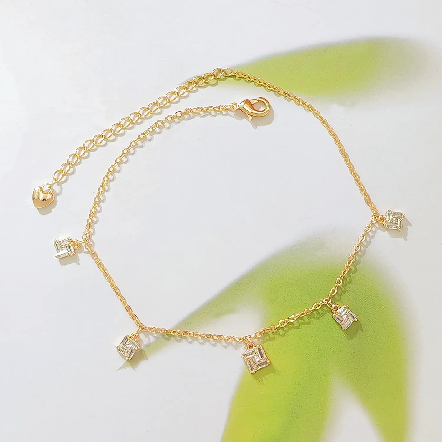 14K Gold Dainty Cable Chain Ankle Bracelet with Square Baguette CZ Charms, Adjustable Extension Heart Drop Anklet for Women Daily Beach Jewelry