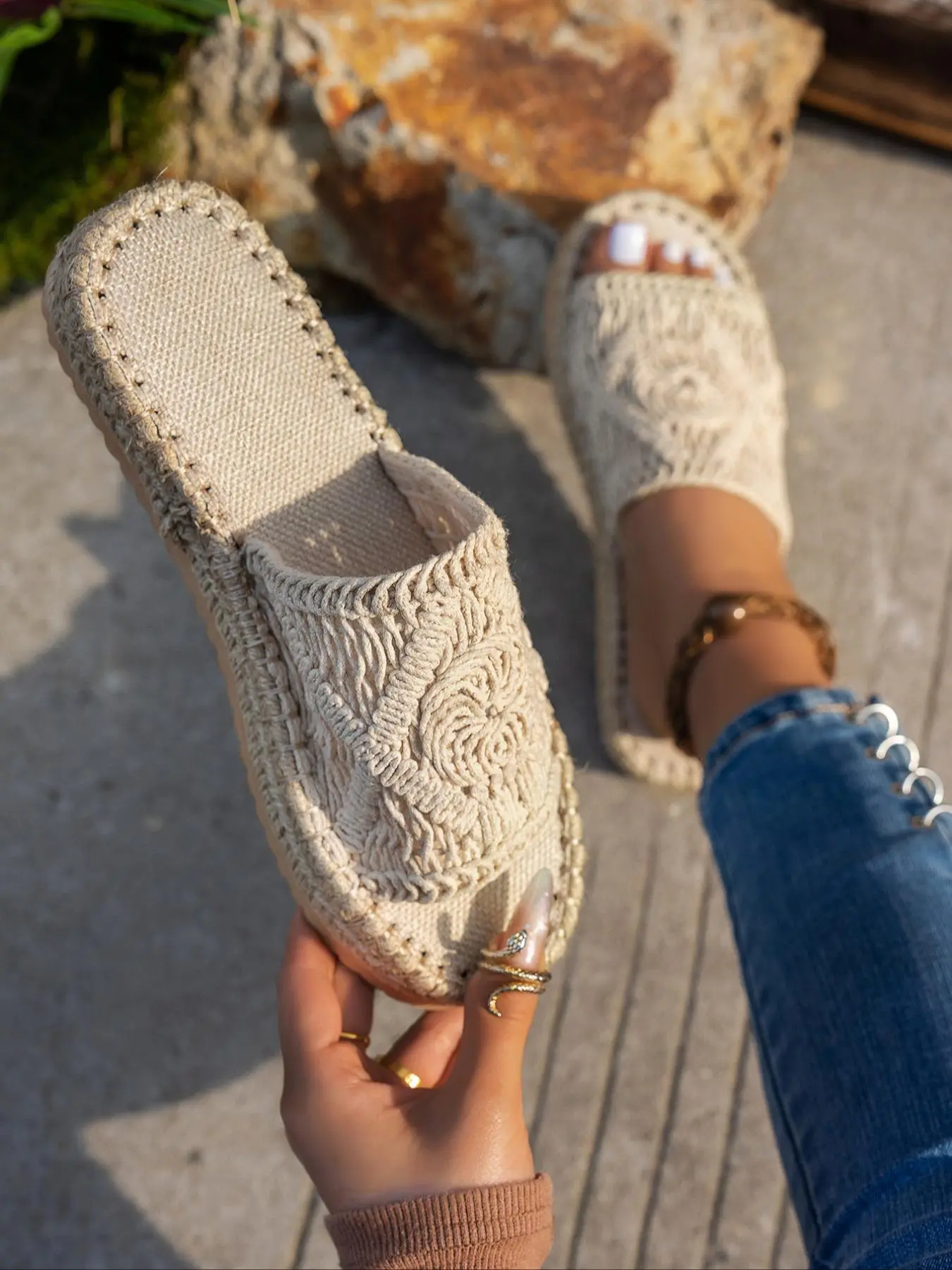 Natural Style Casual Flat Sandals, Soft Comfortable Textile Upper, Rubber Sole, Perfect for Home & Beach Walks, All Seasons Wear, Summer, Ethnic Style Sandals