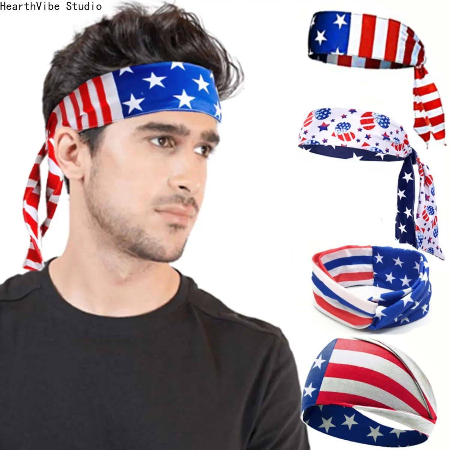 US Independence Day Headband – Men's Athletic Stretch Headband & Women's Stylish Wide Cross-Over Headband – Sweat-Wicking Hair Accessory