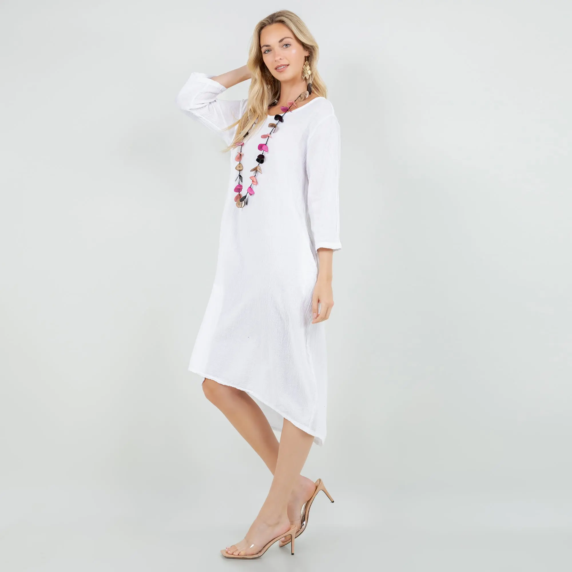 Ellen Our Hi-Low Cotton Gauze Dress with Sleeves and Pockets