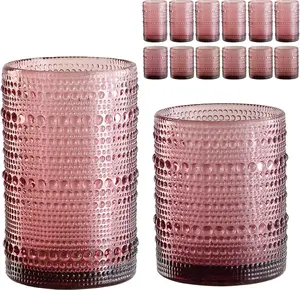 Glassware Drinking Glasses Set of 12,Purple 12oz & 15oz Hobnail Glass Cups,Embossed Water Tumbler,for ,,,Juice and Various Mixed Drinks- 1 Cleaning Brush