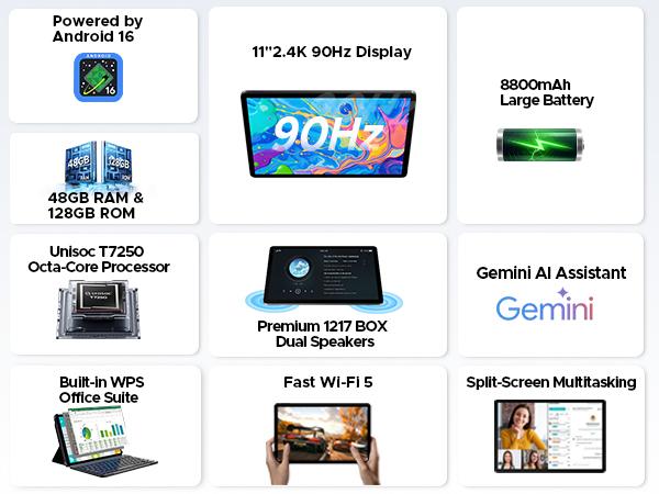 P11 Pro 11" Tablet, Android 16, 48GB RAM + 128GB, 2.4K 90Hz Display, 8800mAh Battery, Octa-Core, Dual Speakers, WiFi 5, AI