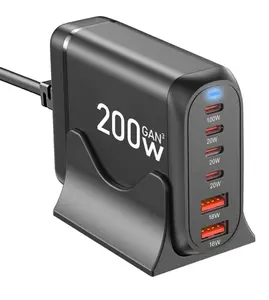 Famous TECH Shop 200W USB C Charger Block Super Fast Charging Type C A QC3.0 Station for iPhones Galaxy iPad Android Black
