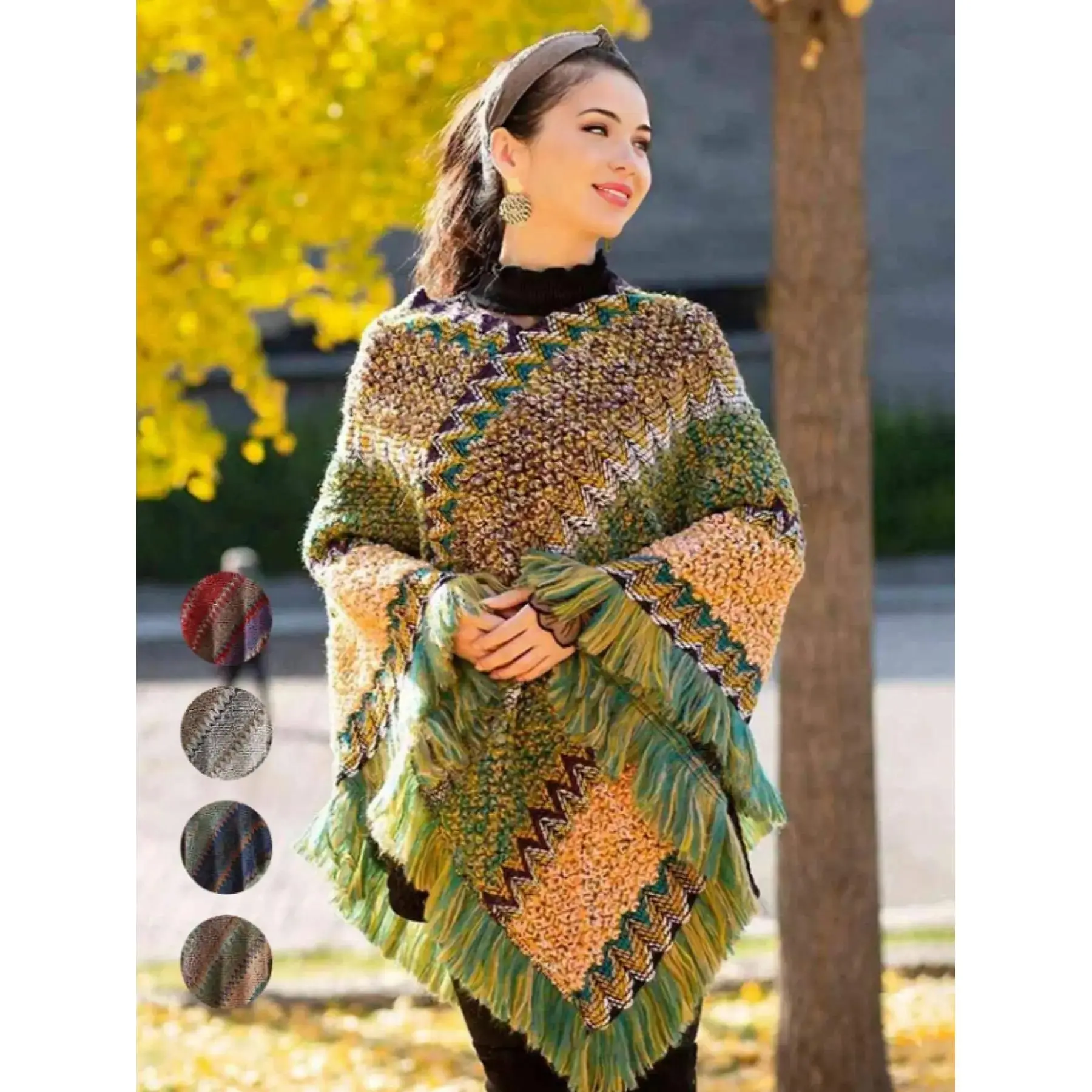 Female Hooded Shawl - Vintage Ethnic Striped Polyester Knit, Fringed Edges, Tassel Decor, Casual Wear Warm Accessory for Autumn, Spring, Summer Air-Conditioned Rooms