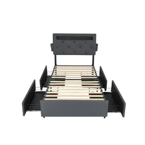 Twin Size Bed Frame with USB Charging Station & LED Lights, Twin Platform Bed Frame with Headboard & 4 Storage Drawers, No Box Spring Needed