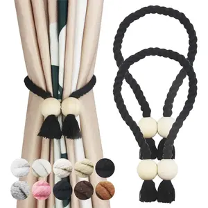 2 Pack Black Magnetic Curtain Tiebacks Cotton Hand Woven Decorative Holdbacks for Drapes with Wooden Buckle No Tools Required