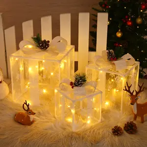 3 Pack Christmas Boxes Light with Green Bows Pre-Installed Traditional and Mondern Style for Christmas Tree Decor and Indoor Outdoor Home Yard Garden Lawn Party Decorations Ornaments Room Decor Gift Boxes Baskets