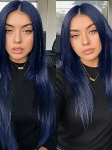 28-Inch Deep Blue Straight Wig for Women, Soft Lace Front, 180% Density, Pre-Plucked, No Glue, Heat Resistant, Daily Use
