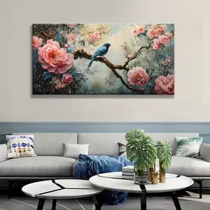 1 Piece Large Framed Canvas Wall Art - Pink Peonies and Birds Abstract Landscape Painting, Vintage Floral Decor for Living Room, Bedroom, Office or Kitchen, Office Artwork |   Elegant Wall Artwork |   Textured Artwork
