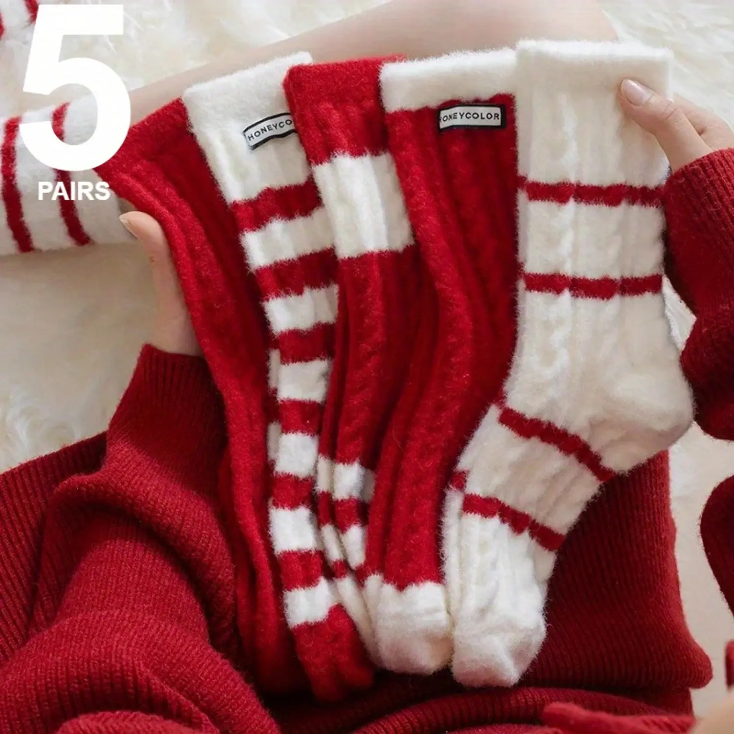 Women's Thick Warm Striped Long Tube Socks - Mixed Color 5 Pairs, 1-Size-Fit-All, Christmas-Themed, Ideal for Sports, Home Wear, Perfect Christmas Gift