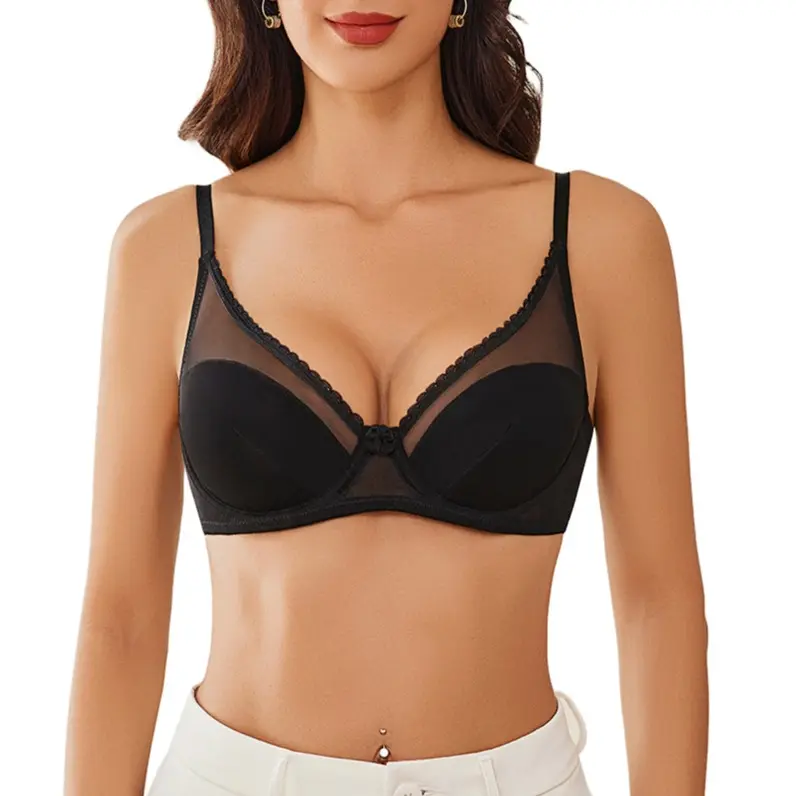 Avidlove Women's Sexy Mesh Underwire Bra Full Coverage Deep V Supportive Lace Trim Lingerie Soft Comfort Minimalist Natural Fit