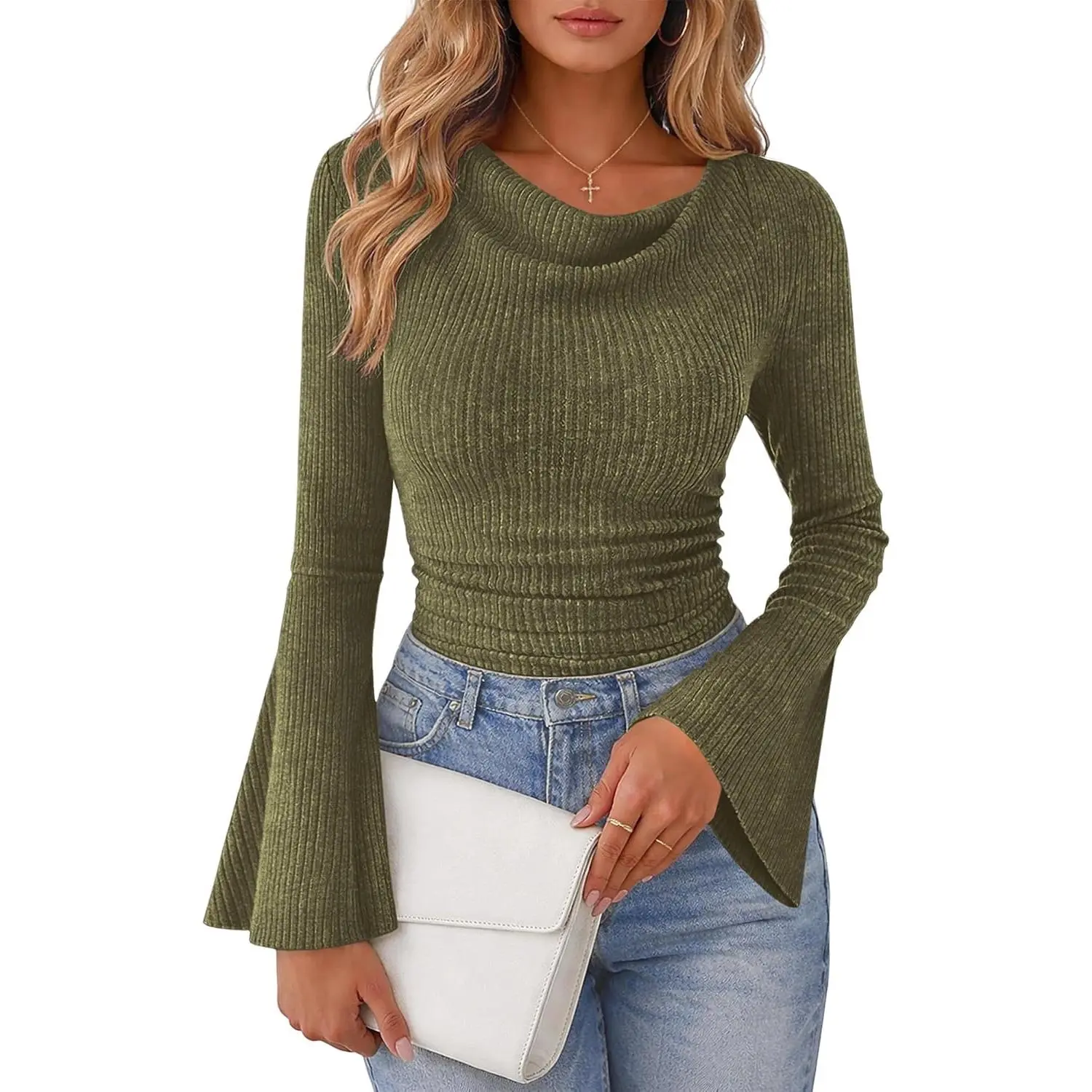 Lazysmile Women's Bell Sleeve Cowl Neck Ribbed Knit Crop Tops | Ruched Waist, Slim Fit, Trendy Going Out Top, Business Casual Shirts, Basic T-Shirts, Fall Winter Outfits Womenswear Knitwear