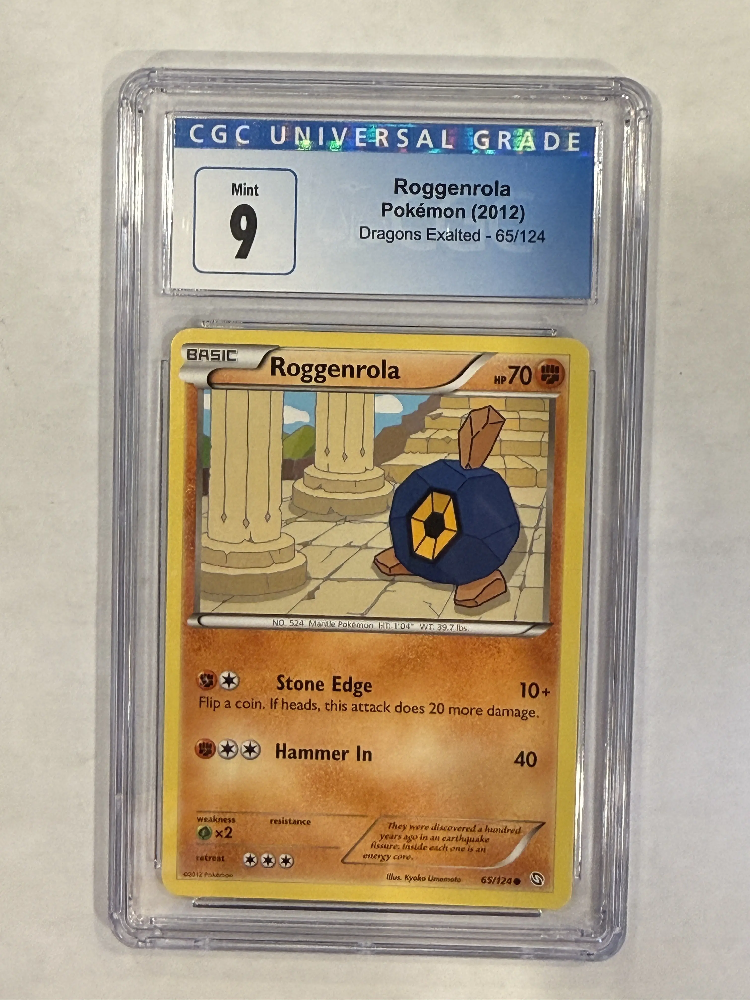 CGC-Graded 9 Rare Limited Edition High Quality and Authenticity Roggenrola Pokemon TCG Card, Dragons Exalted Set #65/124 Collectible