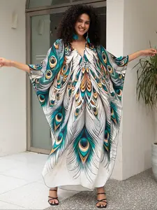 Women's Peacock Feather Print V Neck Cover Up Dress, Casual Beach Cover Up Dress for Vacation Holiday, Ladies Clothes for All Seasons