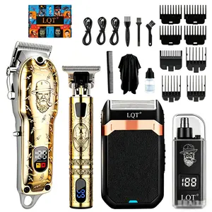LQT 4-in-1 Rechargeable Cordless Barber Kit with 3ps+bag, LED Clippers, 0-Gap Trimmer, Electric Shaver, Nose Trimmer, Stick Edger, Splinter Remover | Men's Fade Grooming Tools