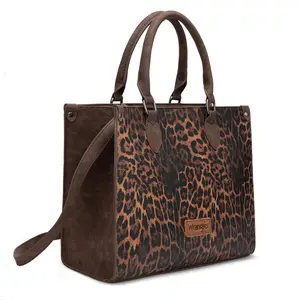 Wrangler Leopard Print Tote Bag for Women Western Large Work Satchel Handbag with Zippered Pocket & Detachable Strap