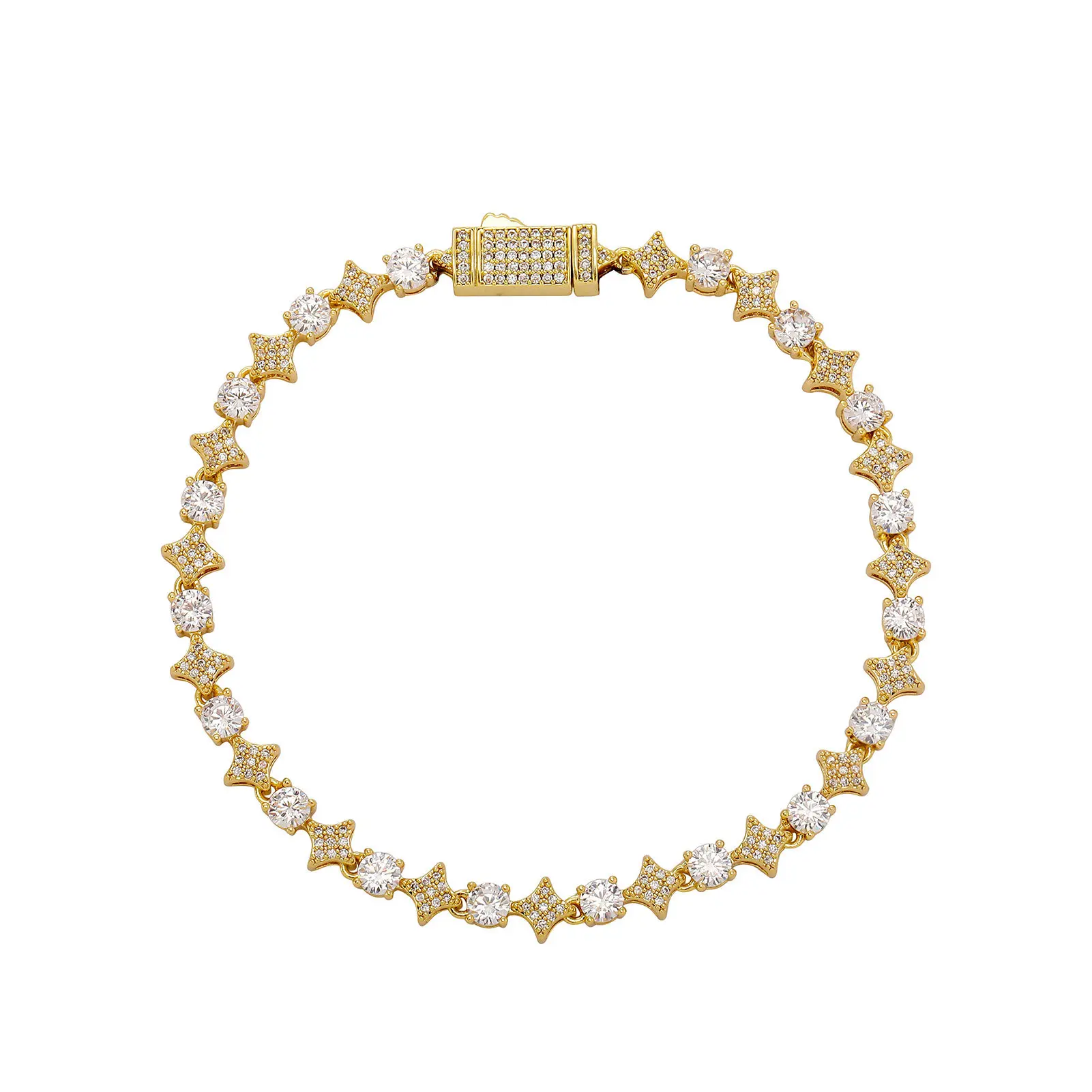 4mm Round & 6mm Star 5A CZ Tennis Bracelet Copper Inlaid Cubic Zirconia Star Tennis Chain Bracelet