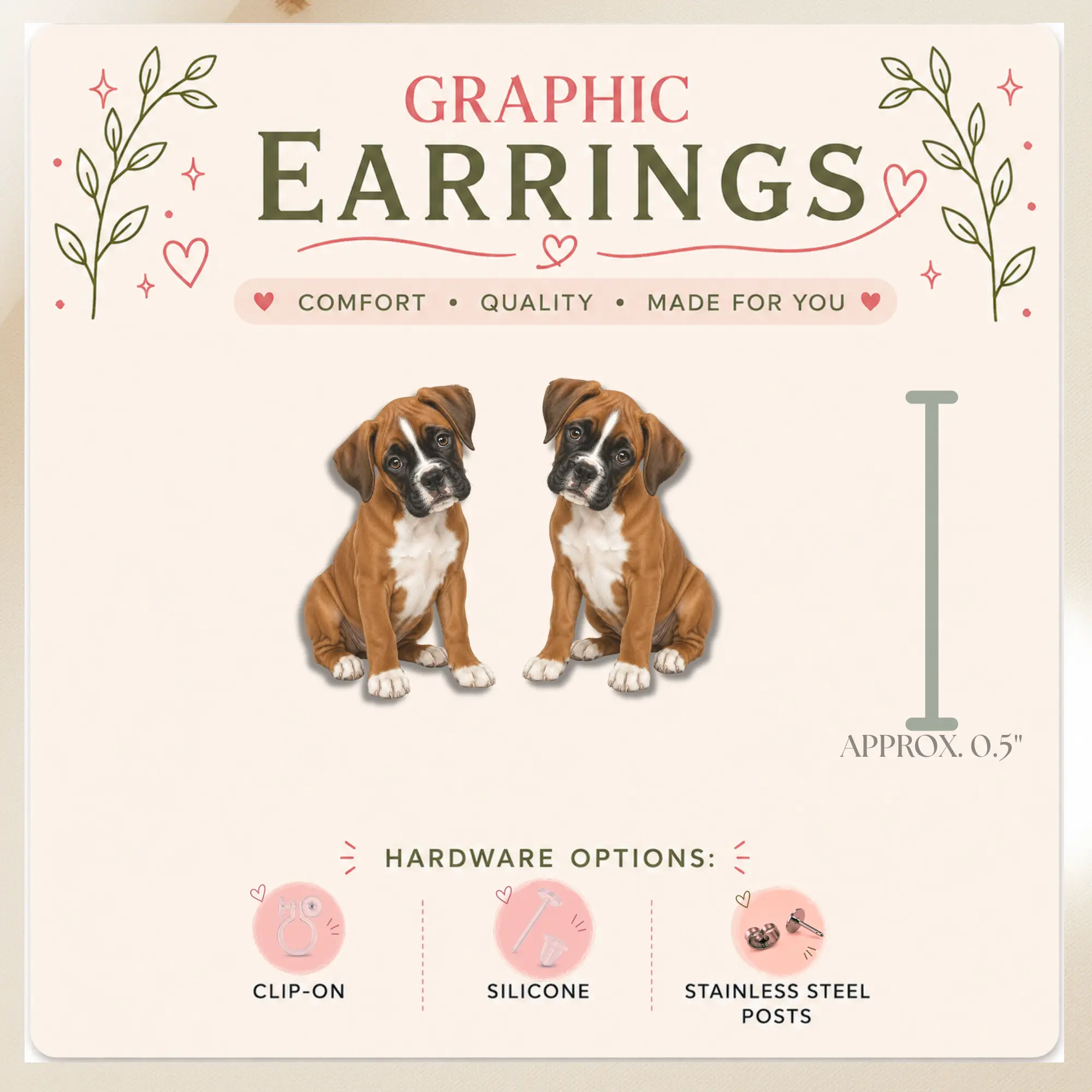 Boxer Puppy Stud Earrings, Boxer Dog Earrings, Dog Lover Gift, Cute Boxer Puppy Jewelry, Graphic Stud Earrings, Handmade Pet Earrings