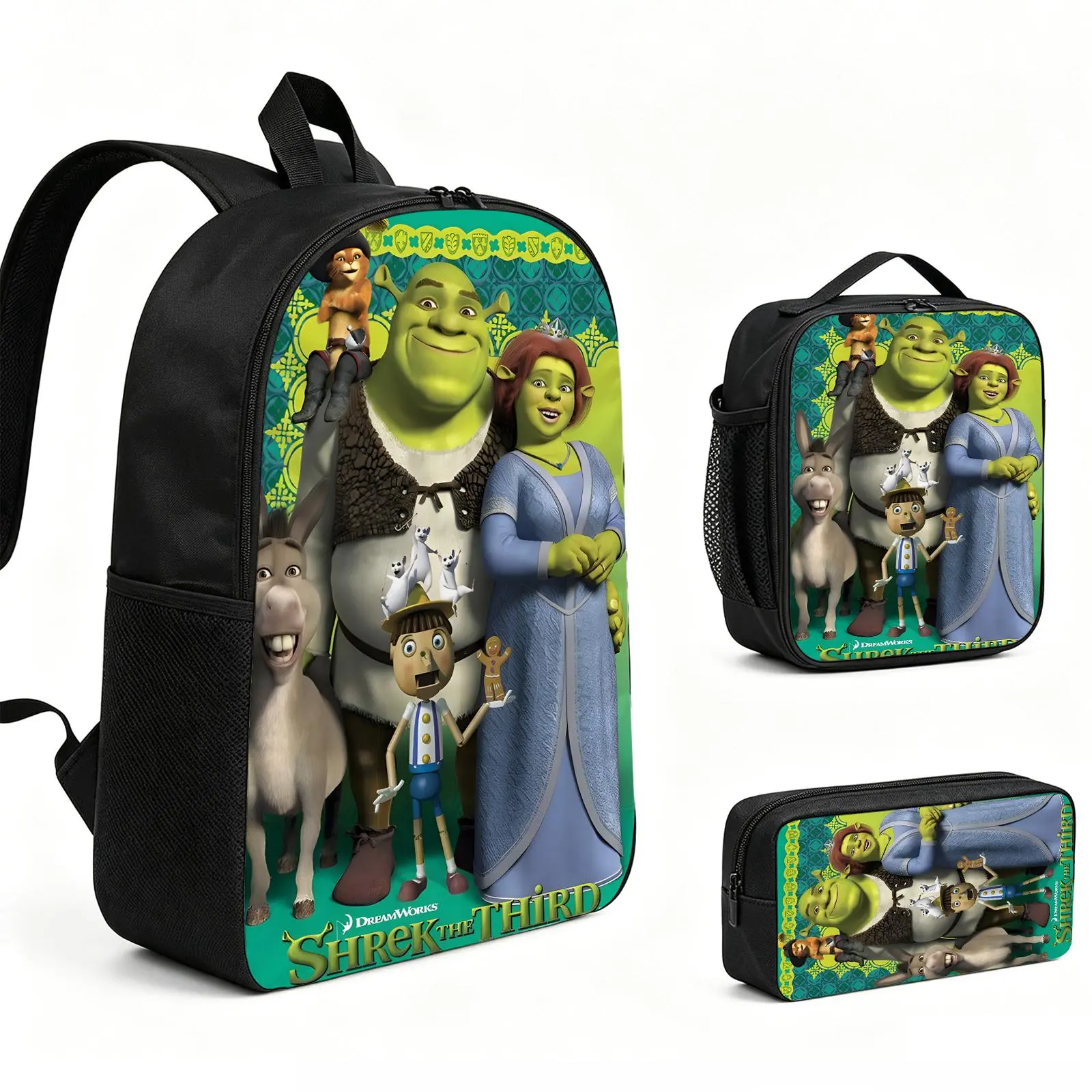Shrek Backpack 3pcs Set with Vibrant Print, Durable School Bookbag with Insulated Lunch Tote and Pencil Bag for Teens Boys Girls, Multi-Functional Laptop Travel Daypack Gift for Kids L-140