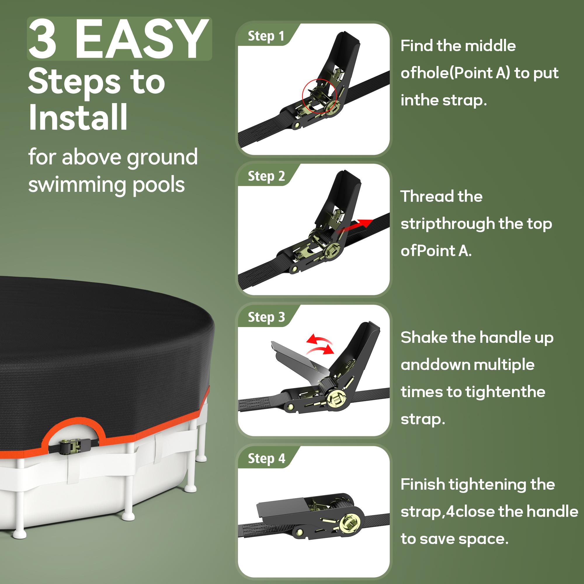 Round above-ground pool cover for shading pool equipment and protecting heaters, equipped with heavy-duty mechanical buckles and straps for secure fastening, solar waterproof design, keeps out debris to maintain clear water, rainproof and durable cover.