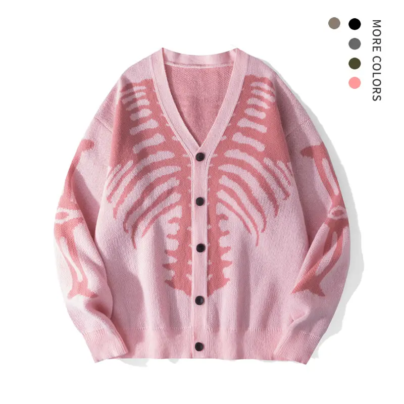 Men's Skeleton Print Knit Cardigan, V-Neck Drop-Shoulder Button-Front Sweater for Casual Daily Wear, Fall & Halloween, Sweaters, Knitting, Baggy