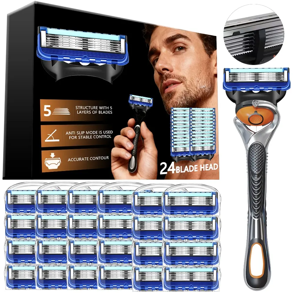 Essentials Care Razorblade Men's Razor with 24 Replacement Blades, Stainless Blades, Sharp Shaving ...