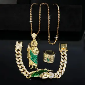 4Pcs San Judas Tadeo Jewelry Set, San Judas Pendant Necklace Bracelet Ring Set, Rhinestone Embellishment, Zinc Alloy, Street Style Jewelry for Men and Women, Holiday Gift men woman gift