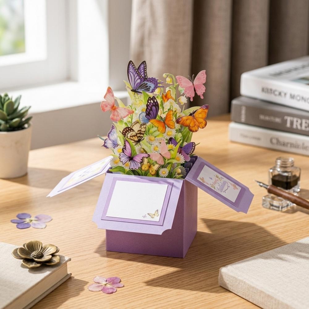 3D Popup Box Greeting Card Handcrafted Butterfly Floral Design Pop-up Card for Birthday Mother's Day Anniversary with Blank Inner Panel