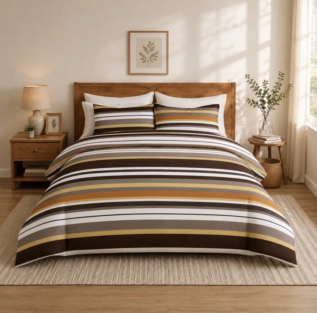 King Sheet Set – Deep Pocket – Striped Pattern – Brown, Gray & Gold