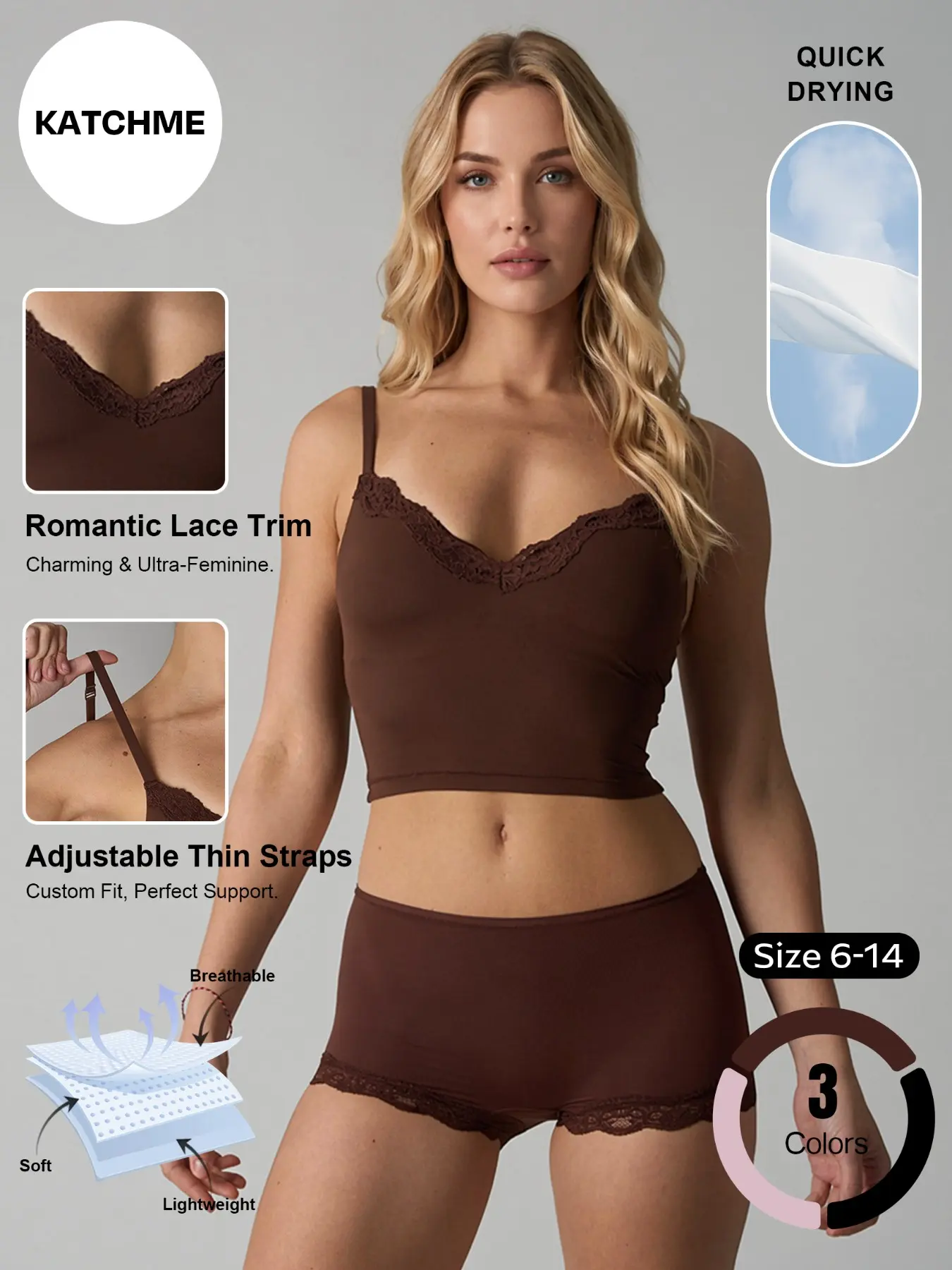 Women's Summer Basic Breezy Adjustable Thin Strap Lace Trim Stretch Fit Camisole & Shorts Co-ord, Breathable Sweat-Wicking Casual Feminine Loungewear Two Piece Sets with Chest Pad