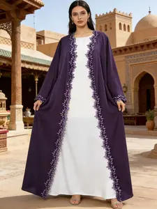 Women's Floral Embroidery Abaya, Modest Long Sleeve Open Front Abaya for Daily Wear, Women's Muslim Islamic Clothing for All Seasons, Abayas For Eid