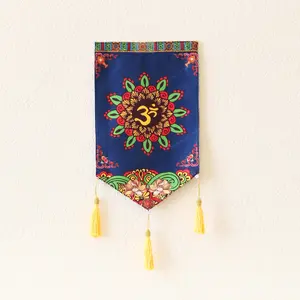 Thai Style Buddhist Om Symbol Small Canvas Tapestry Wall Hanging Tassels, 9.5"X16", Asian Chinese Indian Wall Art