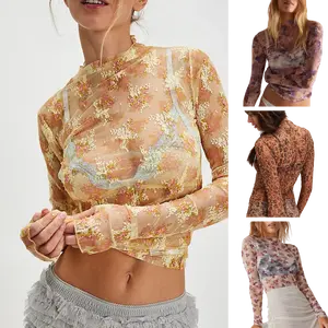 SCUSTY Women's Lace Mesh Top Long Sleeve Floral Lace Blouse Sheer Mesh Mock Neck Layering Top Comfortable Breathable Stretchy Fabric