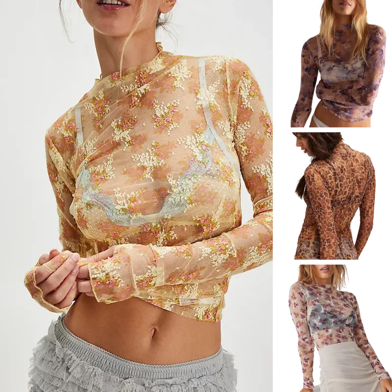 SCUSTY Women's Lace Mesh Top Long Sleeve Floral Lace Blouse Sheer Mesh Mock Neck Layering Top Comfortable Breathable Stretchy Fabric