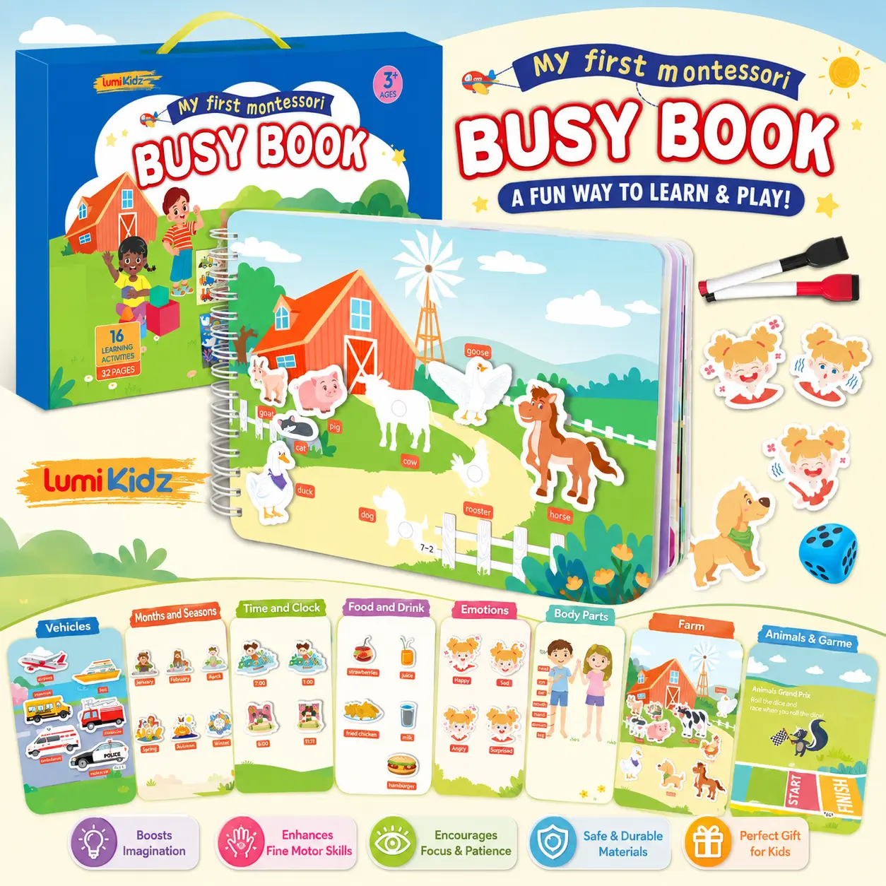 Montessori-Inspired Busy Book for Kids Ages 3+, Reusable Preschool Activity Book with 16 Learning Activities, 32 Pages, Stick & Match Games, Drawing & Writing Practice, Educational Travel Toy for Home, Car, Park & School