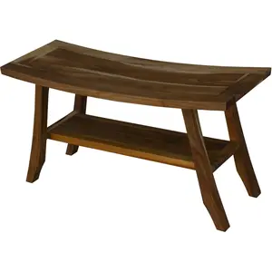 212 MAIN Compact Curvilinear Teak Outdoor Shower Bench, Natural Finish, with Built-In Shelf