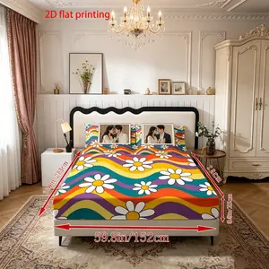 3-piece set of colorful wave daisy print bed sheet, 1 bed sheet+2 pillowcases (unfilled), retro style anti slip bed cover, skin friendly polyester bedding