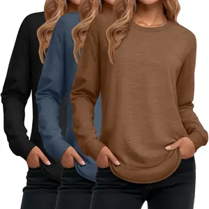 3 Pack Women's Long Sleeve Shirts, Cotton Crew Neck Tunic Tops Casual Loose Fit Pullover Sweatshirts Curved Hem Shirts