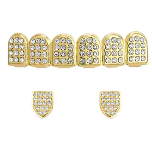 AR 14K Grillz 3 pcs Set | 1 Top & 2 Singles Tooth Fully Iced Dimond Lab Gold Plated