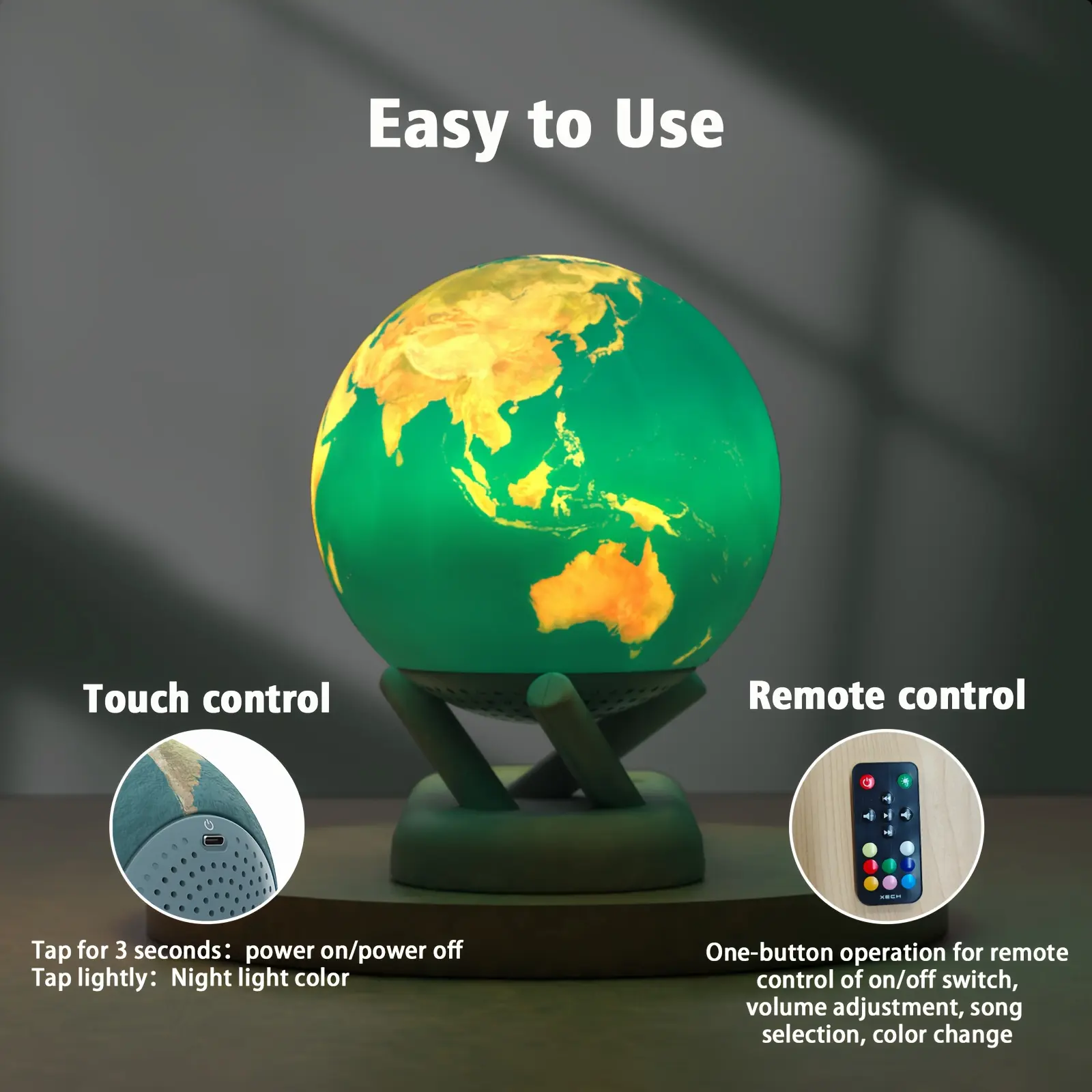 3D Printed Earth Wireless Speaker Lamp with Base & Remote Control -Heavy Bass, 12H Long-battery Life, 8 Color Changing LED Night Light And Cell Phone Holder, for Bedroom,, Gifts (Birthday, Christmas, Valentine's), Lamp for Bedroom, Ambient Lighting