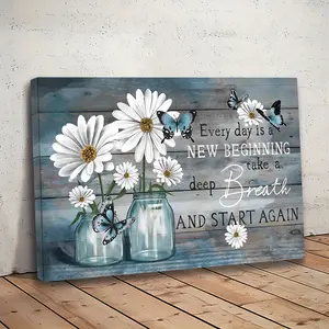 1pc Vibrant Daisy Floral Canvas Painting - Rustic Wooden Framed Wall Art Print with Butterfly Accent - Ideal for Living Room, Bedroom, Festival Gift for Her/Him, Unique Eid Al-Adha Mubarak Decoration Poster Ornaments Flower Photo Artistic