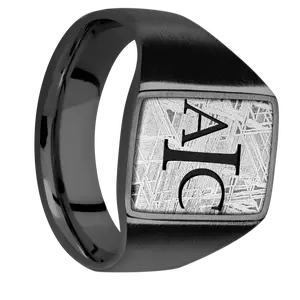 Medium Rectangle signet ring (16x11.5mm) in Zirconium, with a Wide style band, a Meteorite inlay and a Book Antiqua 3 engraving.