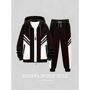 Men's Black-White Zip Hoodie & Jogger Set - Side Stripes, Comfortable Casual Sportswear
