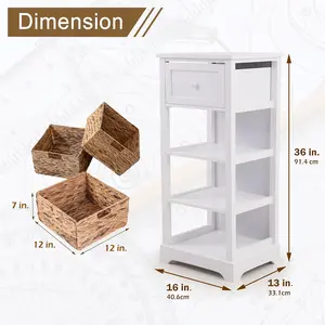 PHI VILLA White Storage Cabinet with Baskets, Farmhouse Accent Narrow Cabinets with Shelves for Bathroom Entryway Rattan Cabinet with Drawer End Table Beside Table